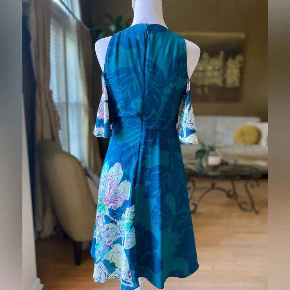 Anthropologie Maeve Elia Open Shoulder Dress Blue Floral Lined Sz 0 - Picture 5 of 16